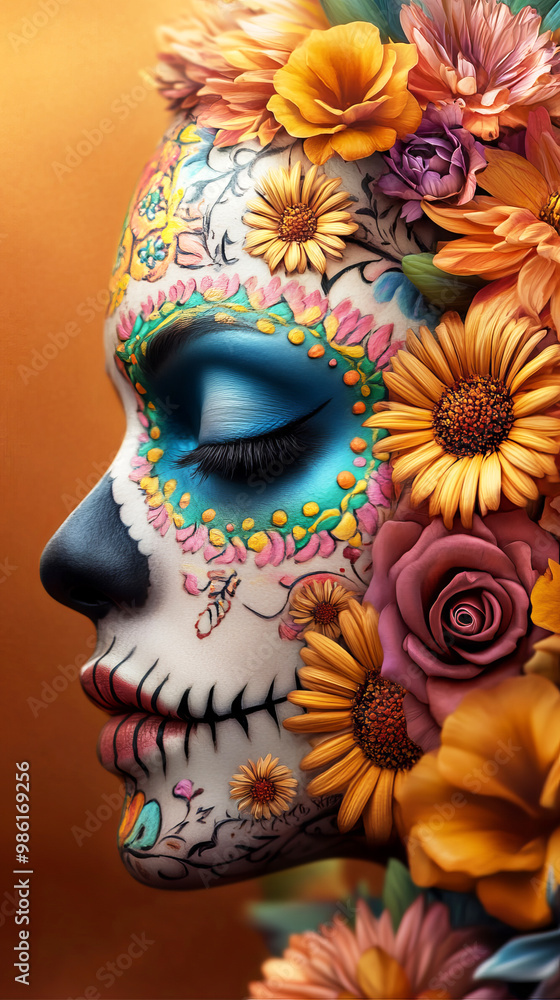 Naklejka premium Day of the Dead Sugar Skull with Floral Crown: A vibrant and detailed depiction of a sugar skull adorned with a crown of flowers, capturing the beauty and symbolism of the Day of the Dead tradition.