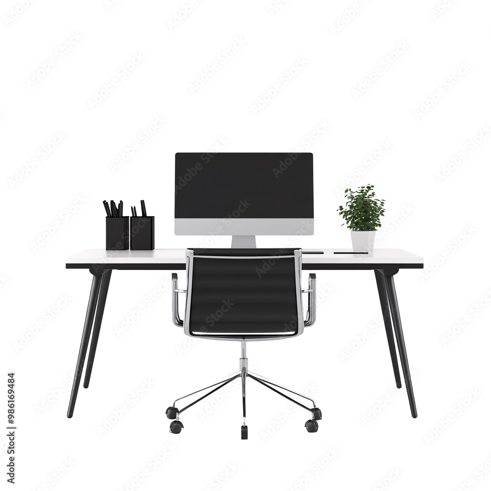 Minimalist home office setup featuring a sleek desk and ergonomic chair with a potted plant.
