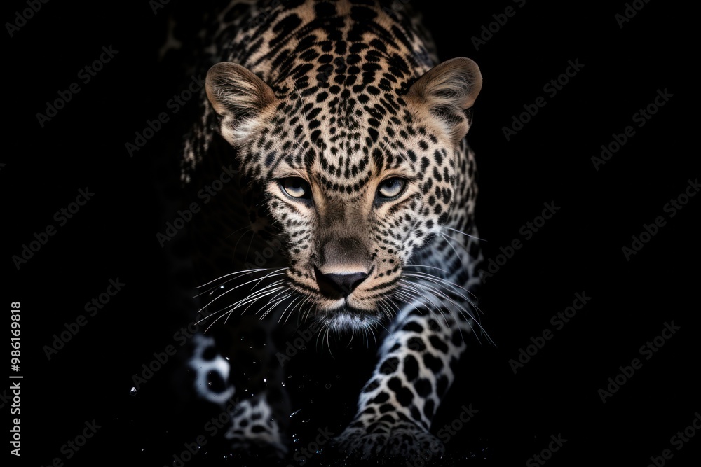 A leopard emerging from the shadows, its spotted coat blending seamlessly with the darkness as it hunts for its next meal. A leopard emerging from the shadows, its spotted coat blending seamlessly with the darkness as it hunts for its next meal.