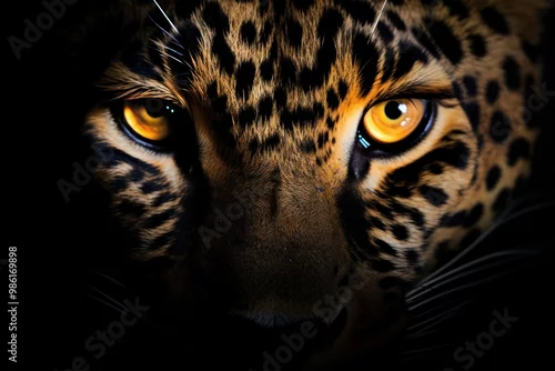 Obraz A leopard's eyes glowing in the darkness, its gaze piercing through the night like twin beacons of predatory hunger.