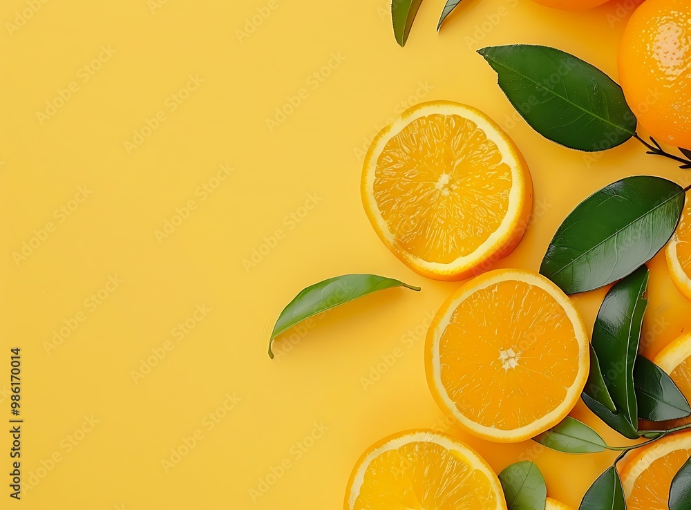 Fresh Orange Slices with Green Leaves on Yellow Background Fresh Orange Slices with Green Leaves on Yellow Background