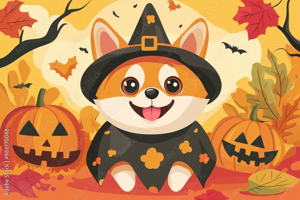 Fototapeta premium A cute corgi in a witch hat stands among Halloween pumpkins and autumn leaves in a vibrant, colorful scene.