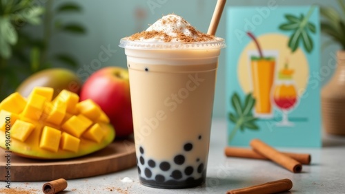 Generative AI, 
a cup of coffee with a straw and a card next to it on a table with fruit and a card, professional food photography, a stock photo, regionalism photo