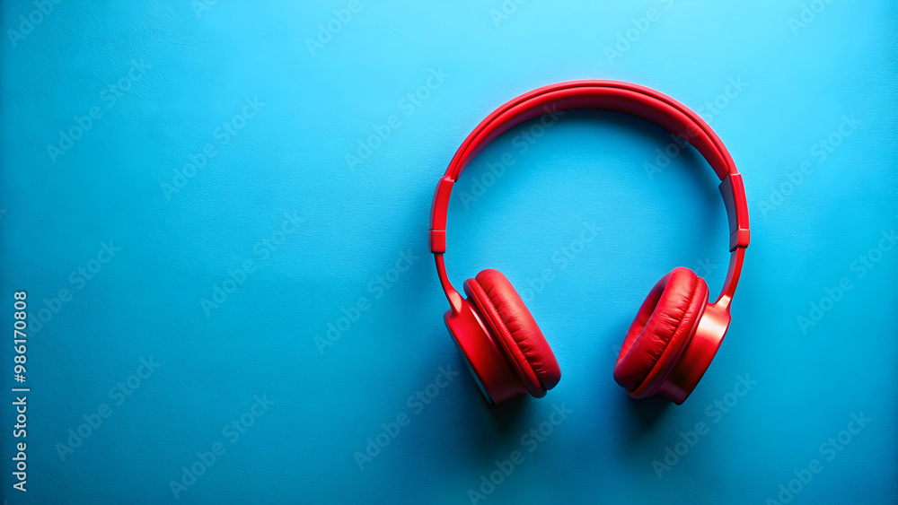 Red headphones standing out on blue background, representing passion for music, red, headphones, music, passion, blue Red headphones standing out on blue background, representing passion for music, red, headphones, music, passion, blue