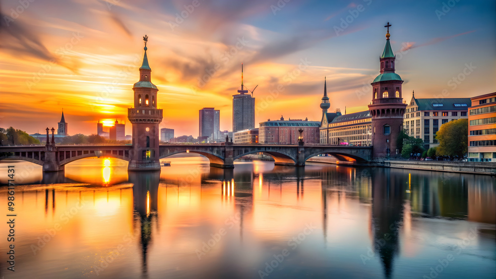 Naklejka premium Oberbaum Bridge in Berlin at Sunset with View on the Television Tower, Berlin, Oberbaum Bridge, Sunset
