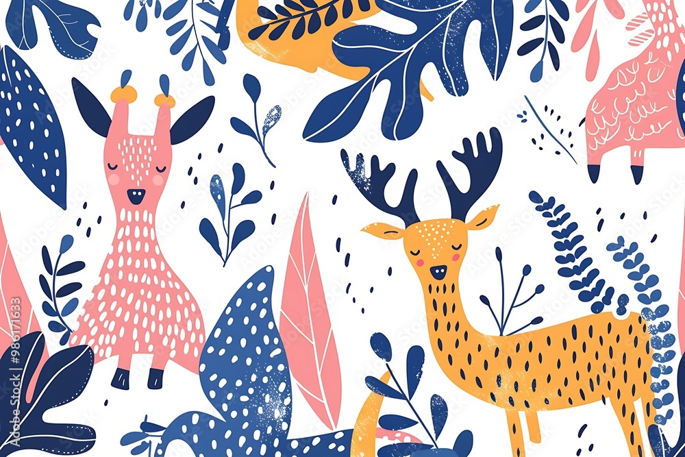 Naklejka premium Cute Animals Illustration With Floral Pattern Background