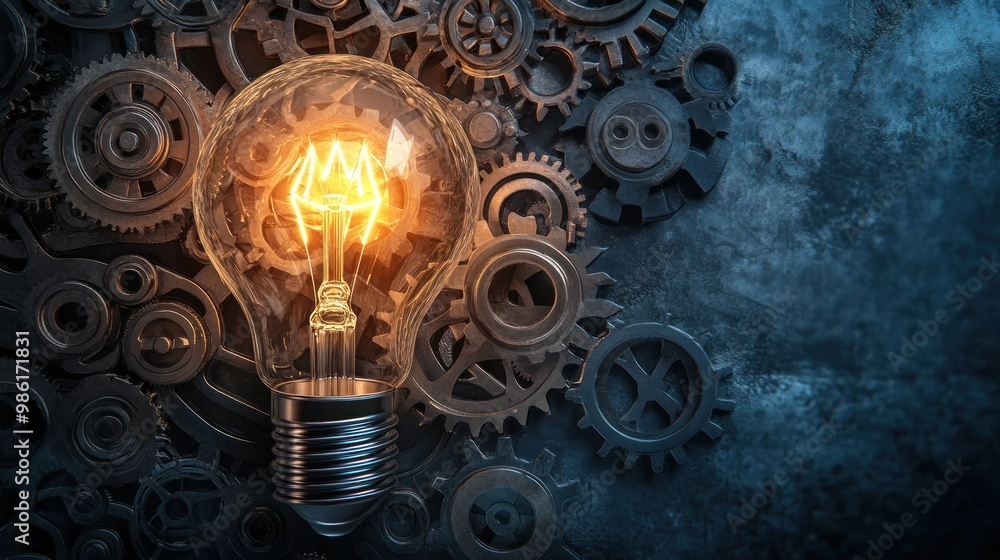 Light bulb glowing brightly over a background of metal gears. Light bulb glowing brightly over a background of metal gears.