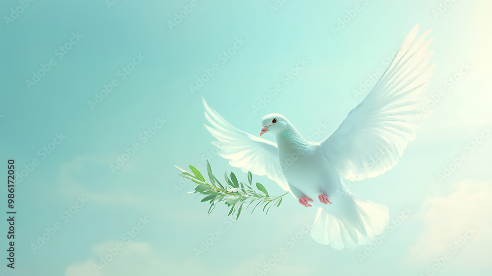 Obraz premium Peaceful dove flying with an olive branch against a serene sky