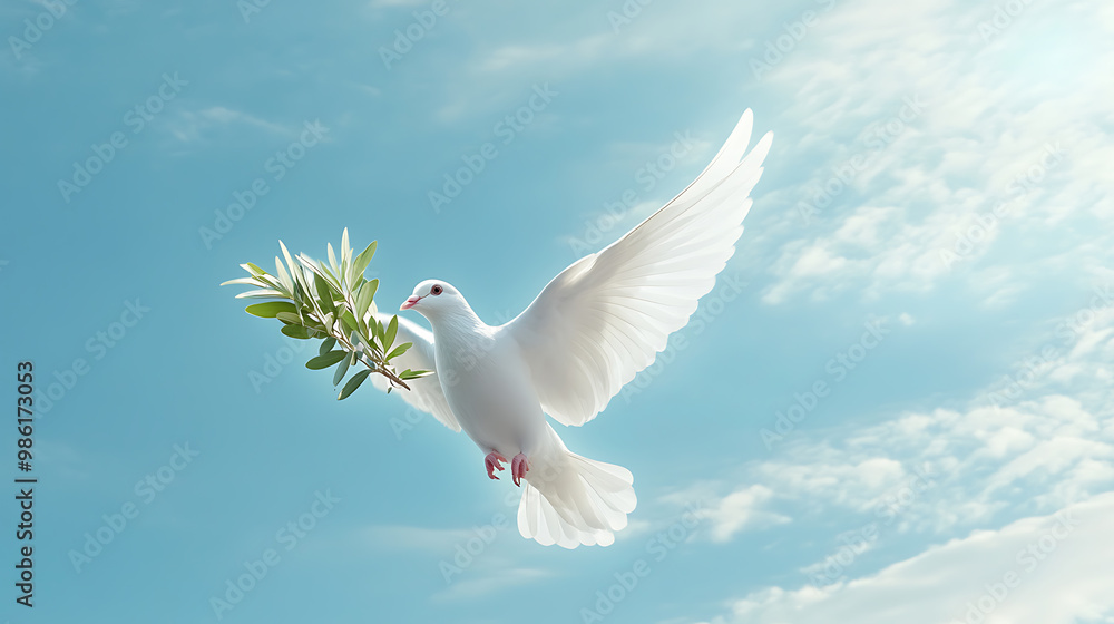 Peaceful dove soaring with an olive branch against a blue sky Peaceful dove soaring with an olive branch against a blue sky
