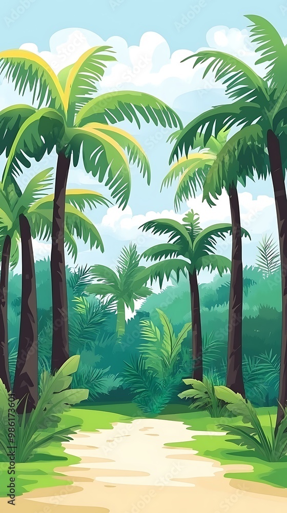 Fototapeta premium Tropical Rainforest Landscape Illustration With Palm Trees And Lush Foliage