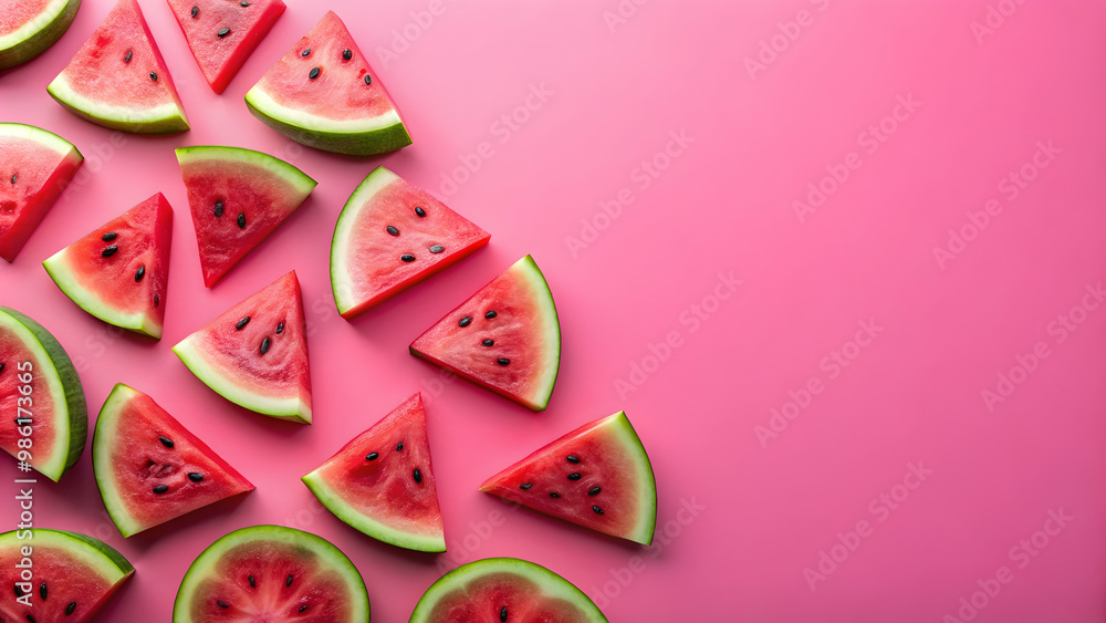 Watermelon slices on a pink summer background, watermelon, fruit, summer, pink, refreshing, delicious, healthy, juicy Watermelon slices on a pink summer background, watermelon, fruit, summer, pink, refreshing, delicious, healthy, juicy