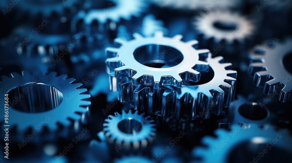Close-up of metallic gears interlocking with each other in a blue tone. Close-up of metallic gears interlocking with each other in a blue tone.