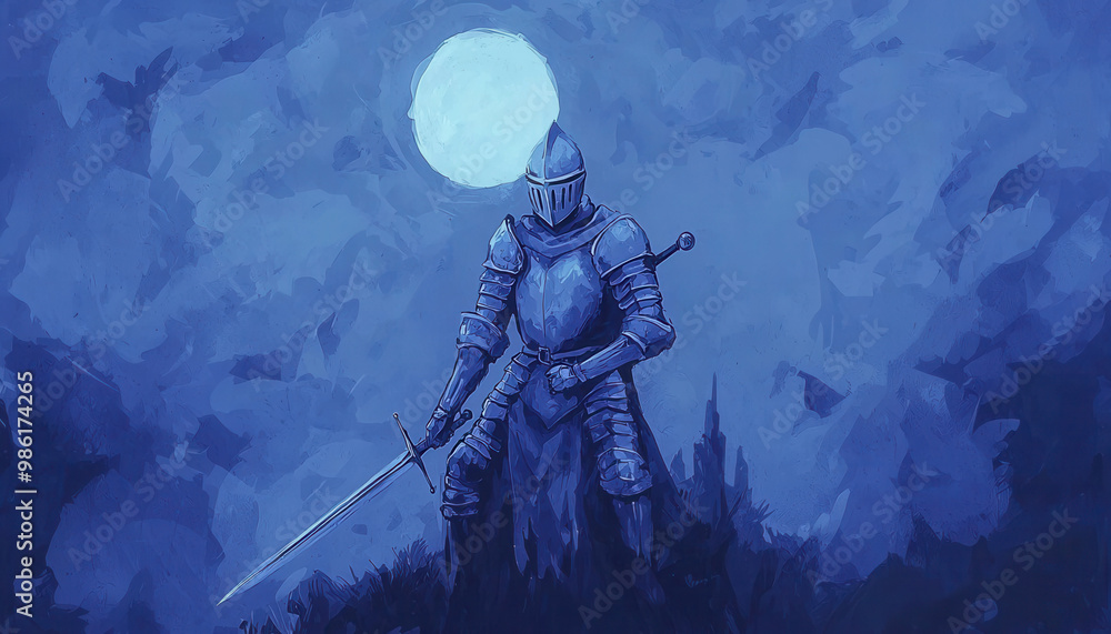 A knight costume with shining armor and a sword, standing tall under the moonlight, in soft watercolor hues A knight costume with shining armor and a sword, standing tall under the moonlight, in soft watercolor hues