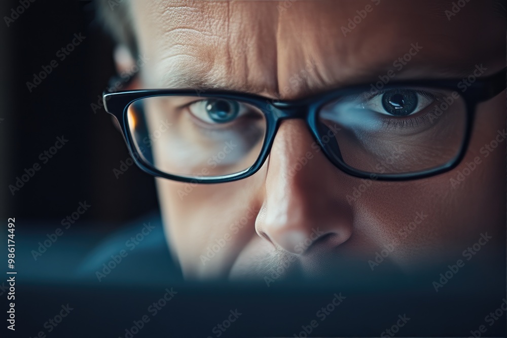 Serious Businessman in Eyeglasses Typing on Laptop Serious Businessman in Eyeglasses Typing on Laptop