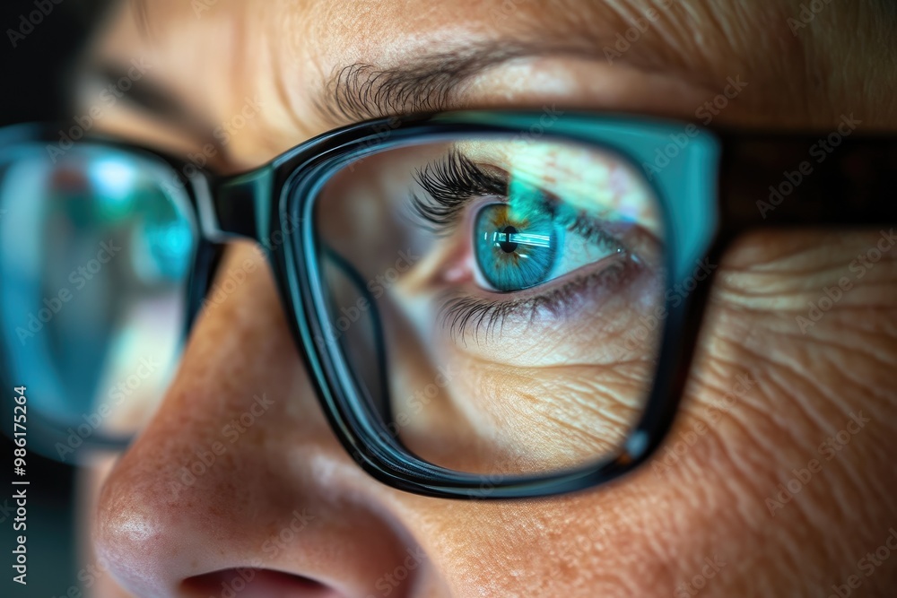 Close-Up of Glasses on Woman’s Face with Laptop Glare Close-Up of Glasses on Woman’s Face with Laptop Glare