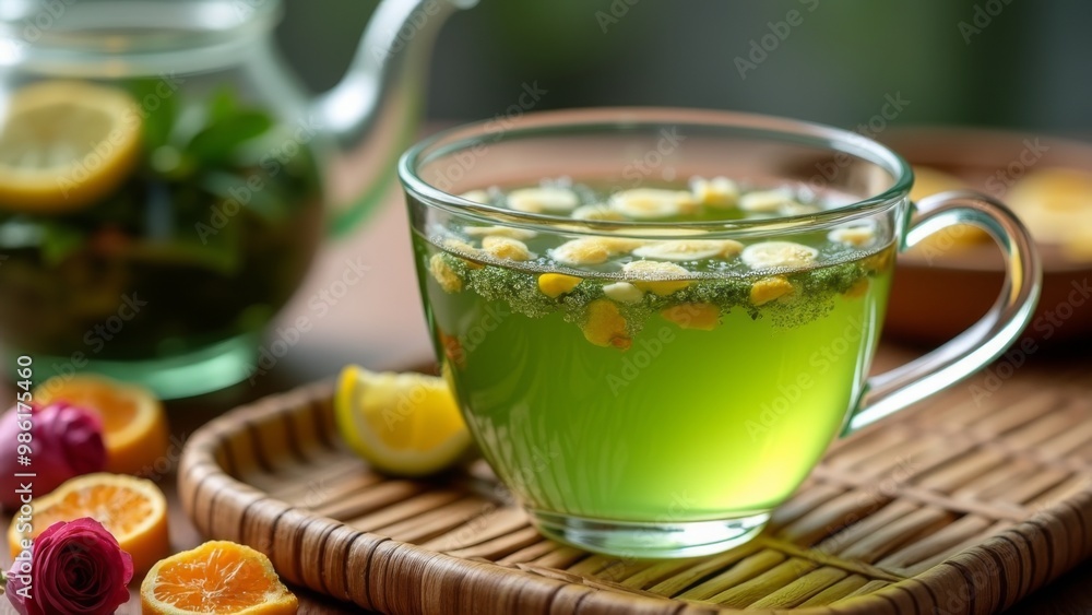 Generative AI, a cup of green tea with orange slices and flowers on a table with a basket of oranges and a teapot, green, a still life, art photography
Generative AI, a cup of green tea with orange slices and flowers on a table with a basket of oranges and a teapot, green, a still life, art photography