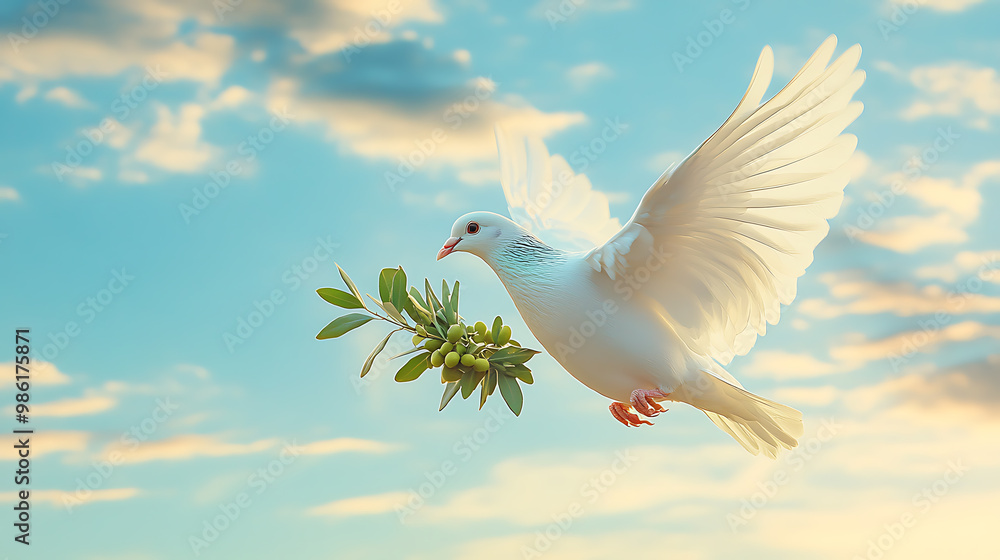 White dove carrying an olive branch against a serene sky White dove carrying an olive branch against a serene sky