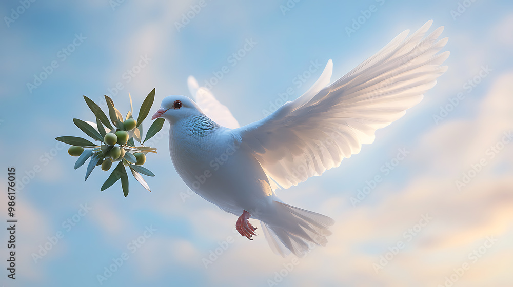 Peaceful dove flying with olive branch against blue sky Peaceful dove flying with olive branch against blue sky