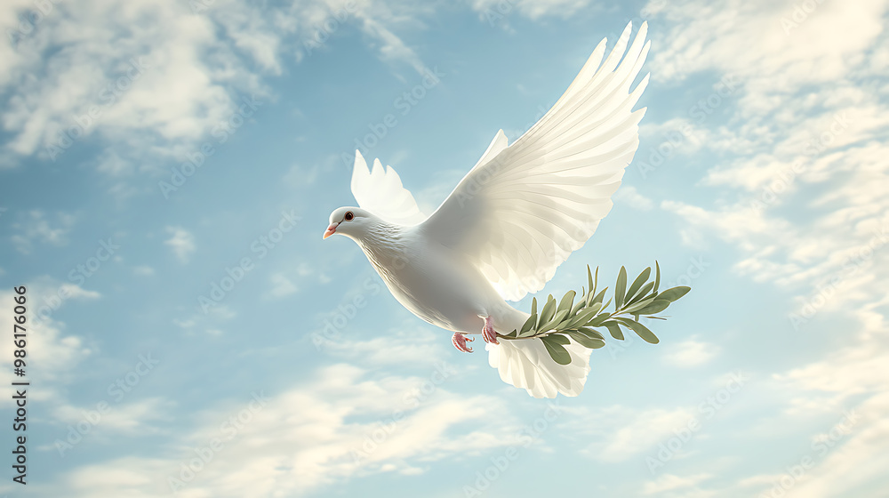 White dove soaring with an olive branch against a blue sky White dove soaring with an olive branch against a blue sky