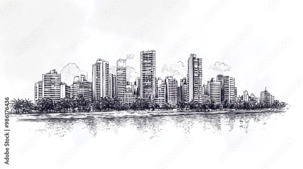 Obraz premium Chiclayo, Peru, black and white pen pencil hand-drawn effect drawing illustration for travel poster, card, wallpaper, backdrop or banner. Modern, clear, artistic and simple