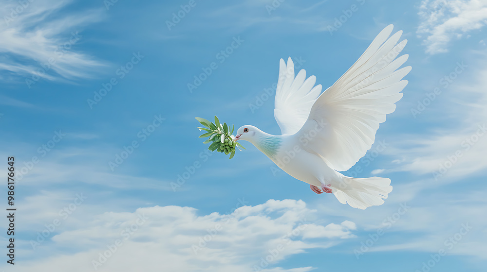 White dove flying with an olive branch against a blue sky White dove flying with an olive branch against a blue sky