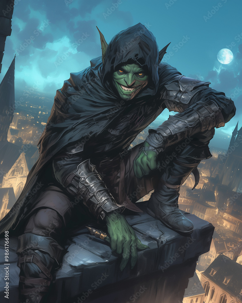 goblin rogue perched high above the city, cloaked in shadow, mischievous grin as he surveys the streets under the full moon goblin rogue perched high above the city, cloaked in shadow, mischievous grin as he surveys the streets under the full moon