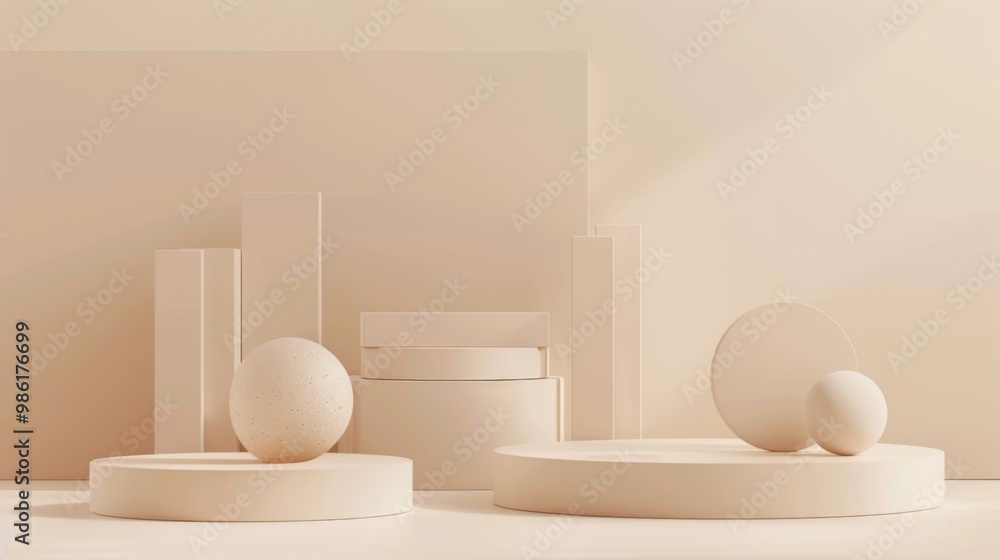 Minimal abstract background for branding and product presentation. Beige subtle geometric on beige background. 3d rendering illustration. Clipping path of each element included Minimal abstract background for branding and product presentation. Beige subtle geometric on beige background. 3d rendering illustration. Clipping path of each element included