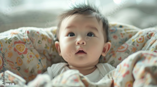 Chinese baby lying on a soft blanket, looking up with wonder