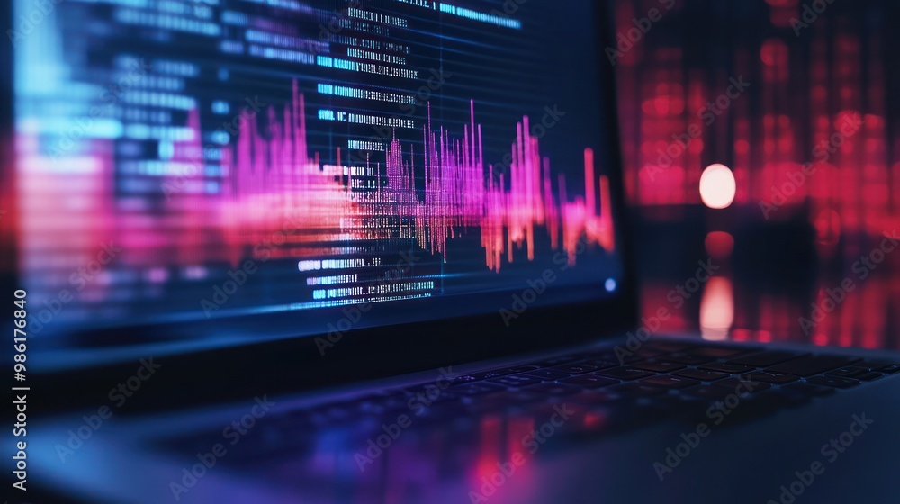 Close-up of a laptop screen displaying data and code with colorful abstract graphics, illuminated by red lights. Close-up of a laptop screen displaying data and code with colorful abstract graphics, illuminated by red lights.