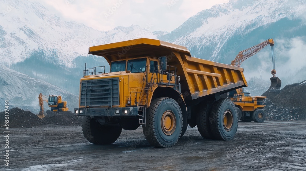 Yellow dump truck in a mine with snowy mountain background. Yellow dump truck in a mine with snowy mountain background.