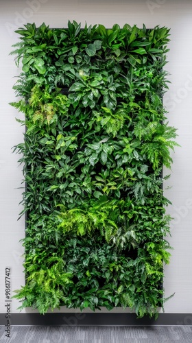 Vertical indoor green plant wall used for interior design, highlighting eco-friendly and sustainable design elements. The lush greenery brings nature into indoor spaces.