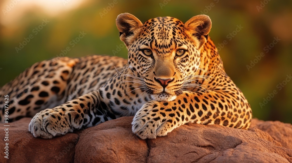 A leopard lays on a rock with its paws resting on the surface, staring intently at the camera. A leopard lays on a rock with its paws resting on the surface, staring intently at the camera.