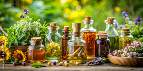 Tincture bottles filled with herbal remedies in a natural setting , tincture, herbal, medicine, bottles, remedy photo