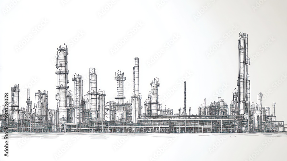 Hand drawn sketch of a factory with tall chimneys and a white background. Hand drawn sketch of a factory with tall chimneys and a white background.