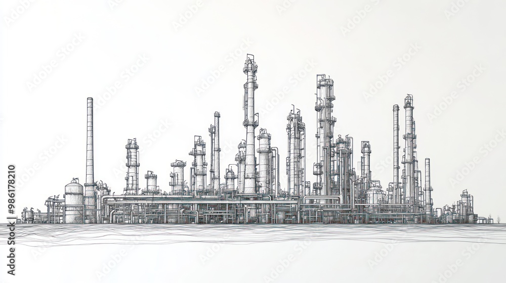 Obraz premium Hand Drawn Sketch of a Chemical Plant with tall smoke stacks, pipes, and a detailed background.