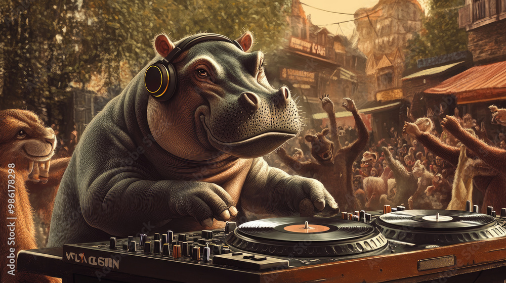 A hippo DJ spinning records at a lively outdoor party, wearing headphones and surrounded by dancing animals. A hippo DJ spinning records at a lively outdoor party, wearing headphones and surrounded by dancing animals.