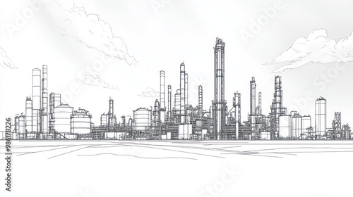 A hand-drawn sketch of an industrial complex with tall towers, pipes, and tanks against a cloudy sky.