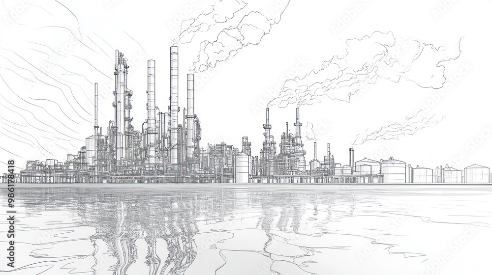 Black and white sketch of an industrial complex with smoke stacks releasing emissions reflected in water. Black and white sketch of an industrial complex with smoke stacks releasing emissions reflected in water.
