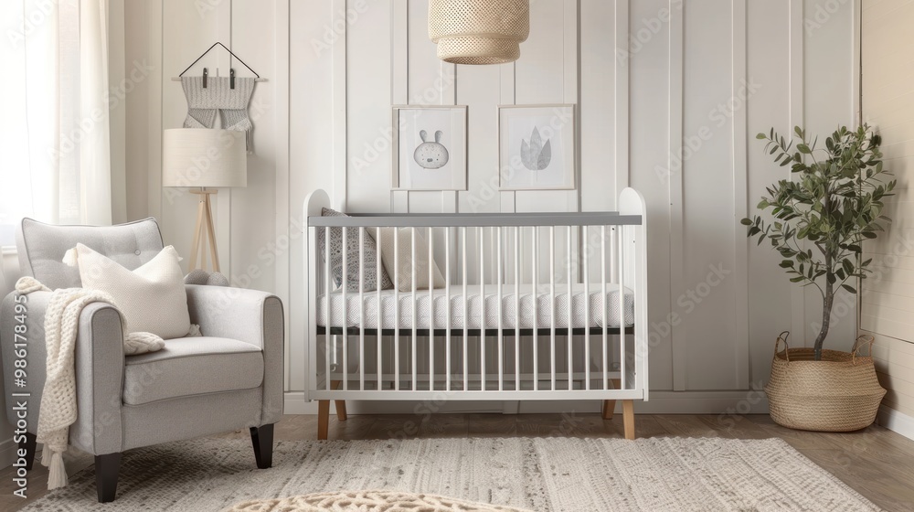 Cozy baby nursery with a crib, changing table, and soft decorations Cozy baby nursery with a crib, changing table, and soft decorations