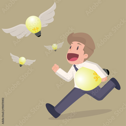 Businessman chasing and catch flying light bulb. Capture new business ideas, search for innovation or creativity, brainstorm or invent new project.Illustration.Vector