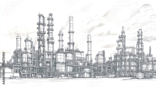 Hand drawn sketch of a factory with tall towers and smokestacks.