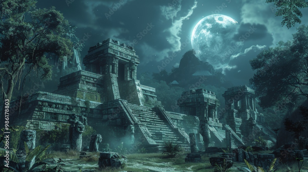 Obraz premium Mayan Temple Ruins Under Full Moon Night Sky