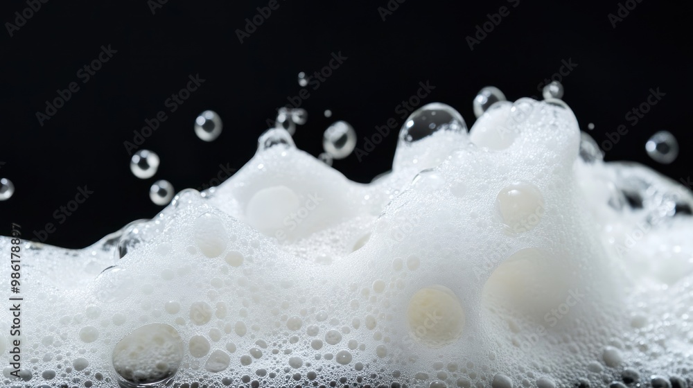 White foam bubbles close up on a black background. White foam bubbles close up on a black background.