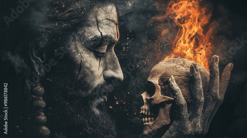 Shiva in his fearsome Aghori form, smeared with ash, holding a skull in one hand and a burning flame in the other, Shiva, Aghori, destruction