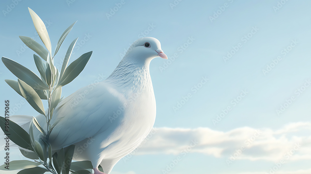 Serene white dove perched with olive branch against blue sky Serene white dove perched with olive branch against blue sky
