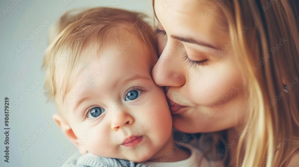 Mother kissing her baby’s forehead, showing pure love and care Mother kissing her baby’s forehead, showing pure love and care