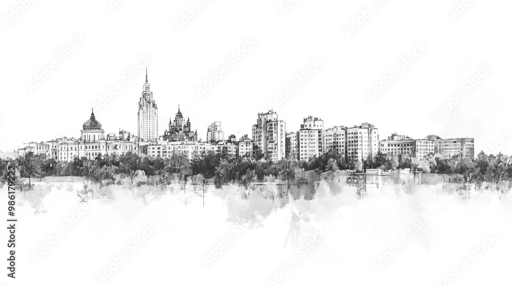 Fototapeta premium Chisinau, Moldova, black and white pen pencil hand-drawn effect drawing illustration for travel poster, card, wallpaper, backdrop or banner. Modern, clear, artistic and simple
