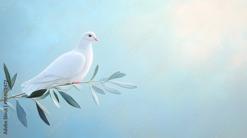 Peaceful white dove perched on an olive branch Peaceful white dove perched on an olive branch