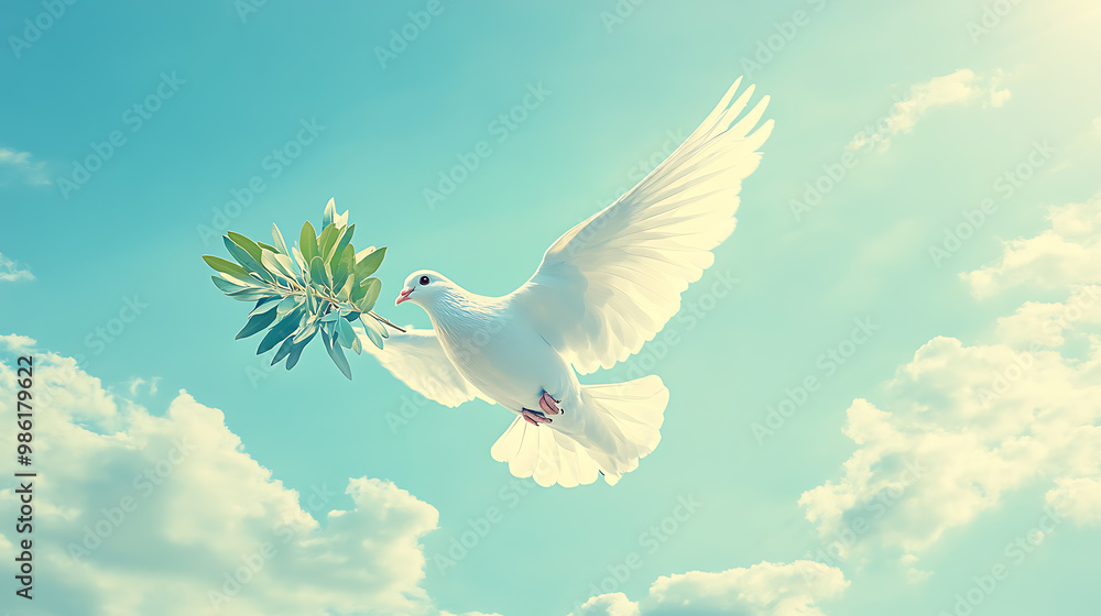Peaceful dove soaring with an olive branch against a blue sky Peaceful dove soaring with an olive branch against a blue sky