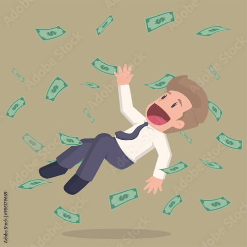 Happy Businessman Jumping Under Money Rain. Business Success. Vector illustration